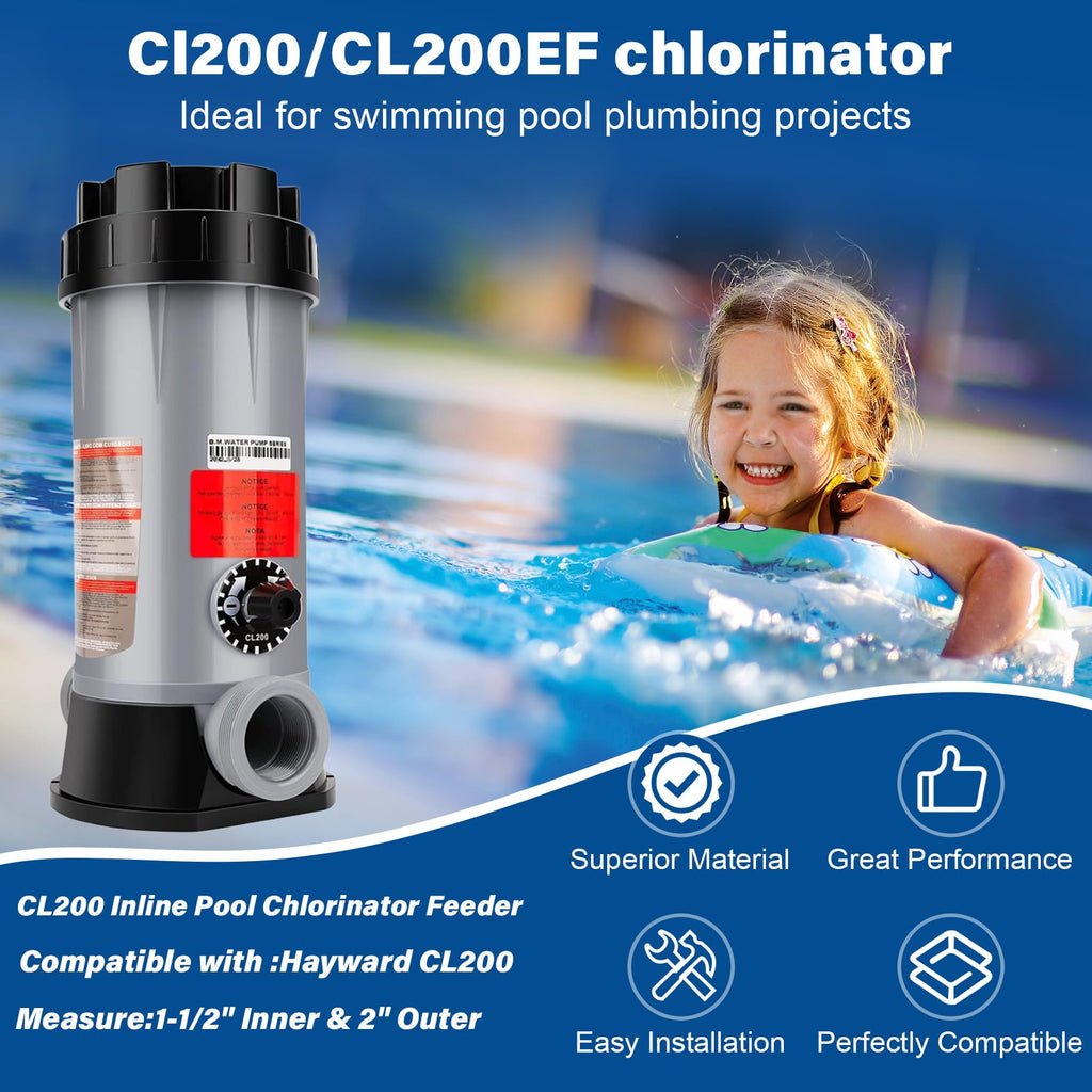 CL200 Inline Chlorinator Replacement for Hayward CL200EF Chlorine Feeder, Inground Pool Inline Automatic Chlorinator Feeder, High-Grade ABS Material, Easy to Use (2 O-Rings)
