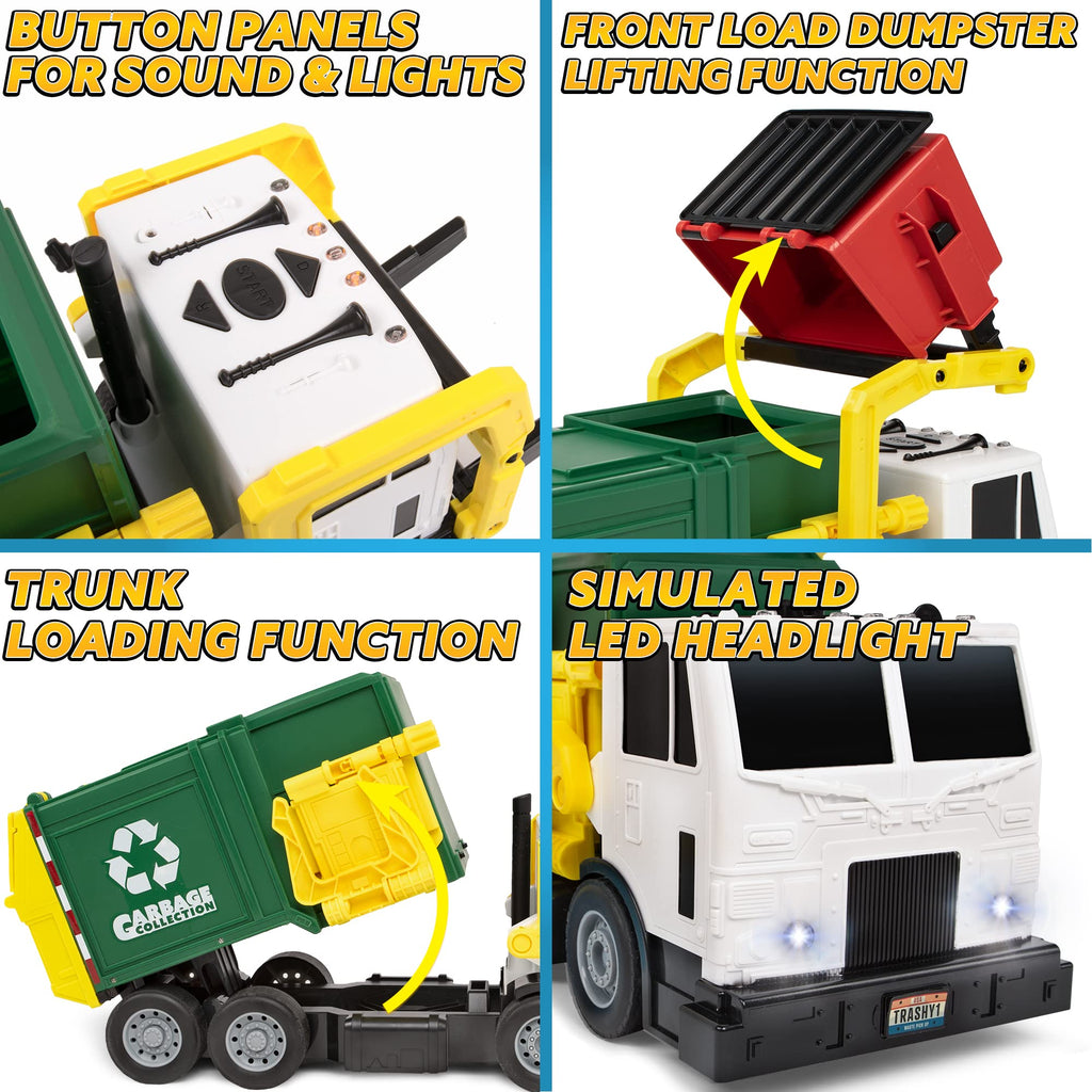 JOYIN Garbage Truck Toys, Toys for 3 4 5 6 7 8+Years Old Boys, Bin Lorry Toy, Realistic Big Garbage Truck with Lights and Sounds,Front Load Dumpster,Trash Bins with Trash Cards,Birthday Gifts for Boys