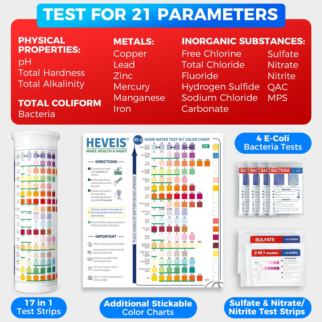 21-in-1 Home Drinking Water Testing Kit - 120 Strips + 4 Bacteria Tests - Tap and Well Water Test Kit, Easy to Test and Read for Hardness, Lead, Iron, Fluoride, pH, Copper, Bacteria and More