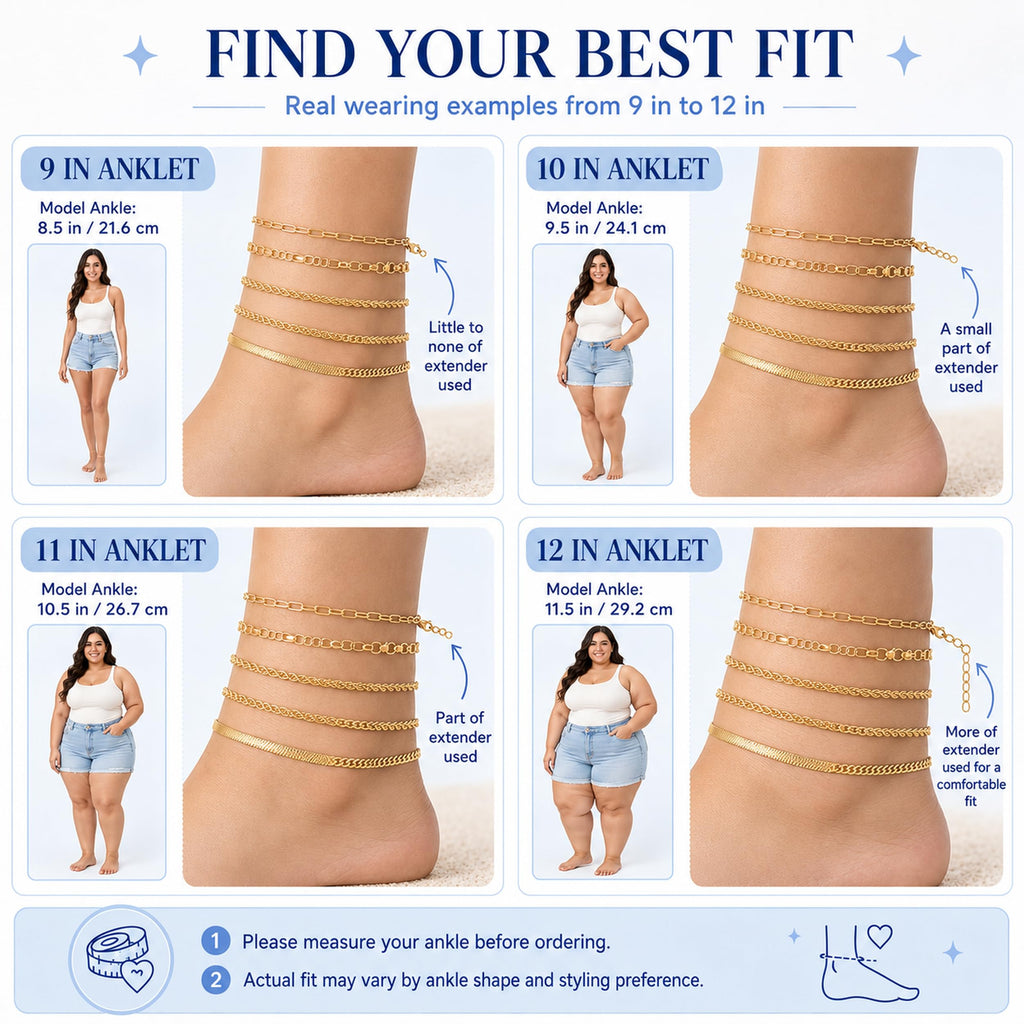 AOZEL Plus Size Gold Anklets Set Large Ankle Bracelets for Women Waterproof Non Tarnish 12 inch
