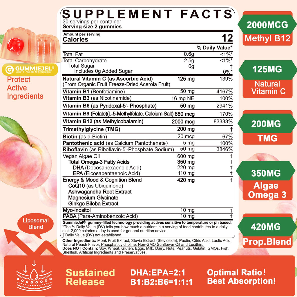 LILICARE Women's & Men's Super Vitamin B Complex Filled Gummies, Methylated w/Omega 3, Magnesium,CoQ10, Ashwagandha,Vitamin C, TMG, Sugar Free - 60 Count (Pack of 2)