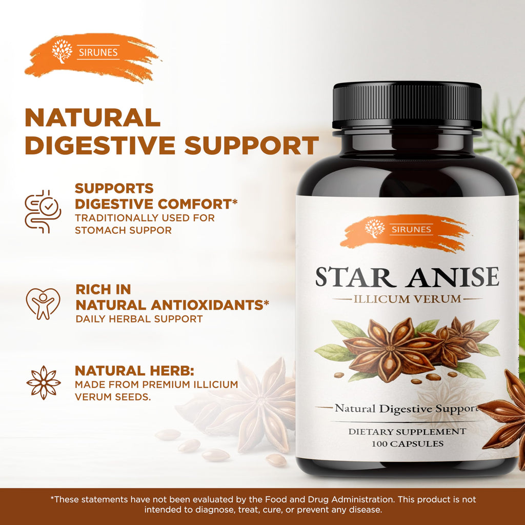 SIRUNES Star Anise Capsules (Illicium Verum) – 800 mg per Serving, 400 mg per Capsule – Herbal Star Anise Supplement – Natural Botanical Spice Extract – Gelatin Capsules – 100 Count