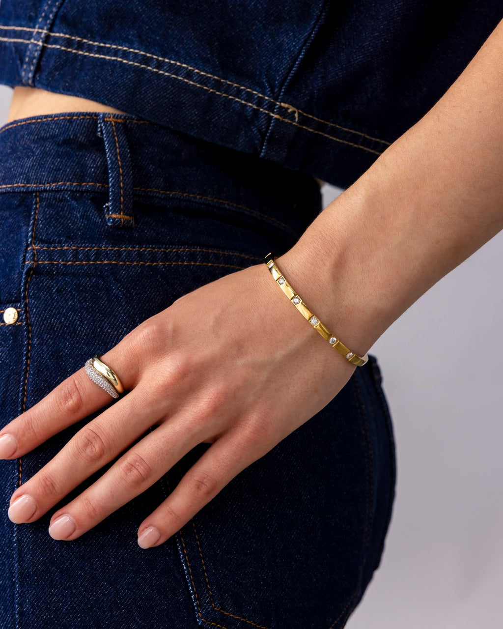PAVOI CZ Dainty Waterproof Bangle Bracelet for Women, Yellow Gold, 6.5IN