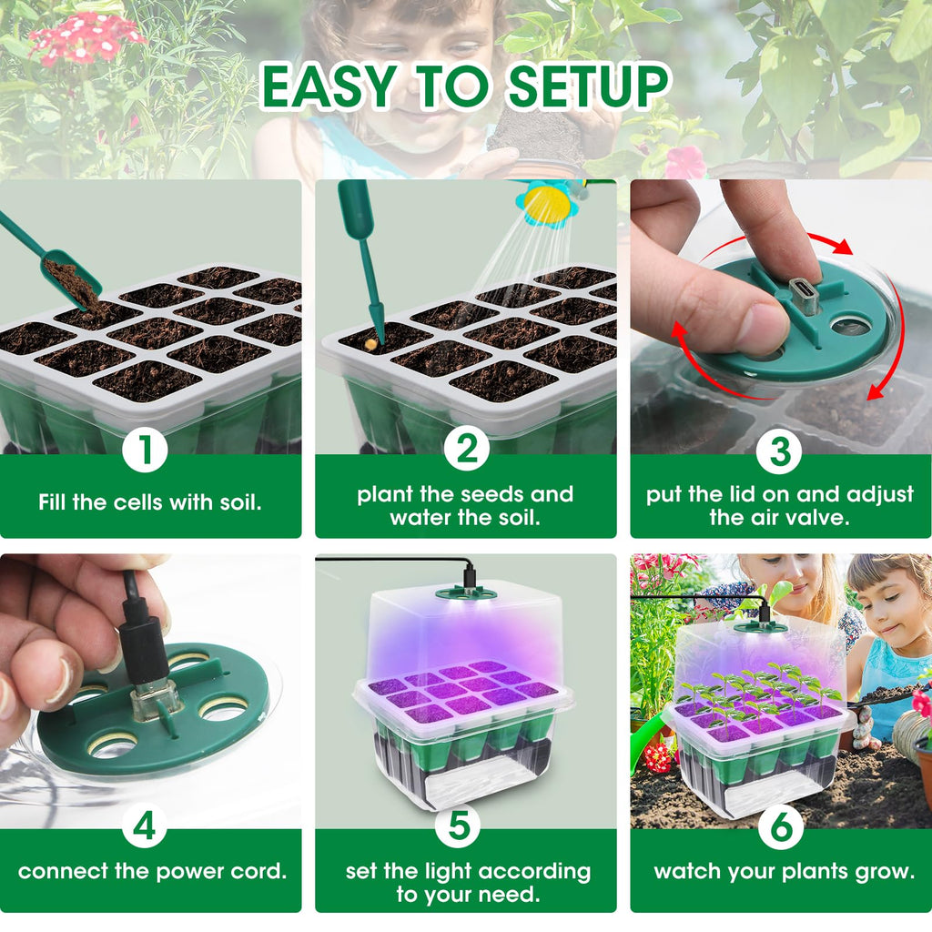 MYMULIKE Seed Starter Tray with Grow Light,5 Pack 60 Cells Seedling Tray Kit Reusable & Dishwasher Safe for Starting Vegetable, Flower & Herb Seeds Indoor Grow Kit for Deep-Rooted Seedlings