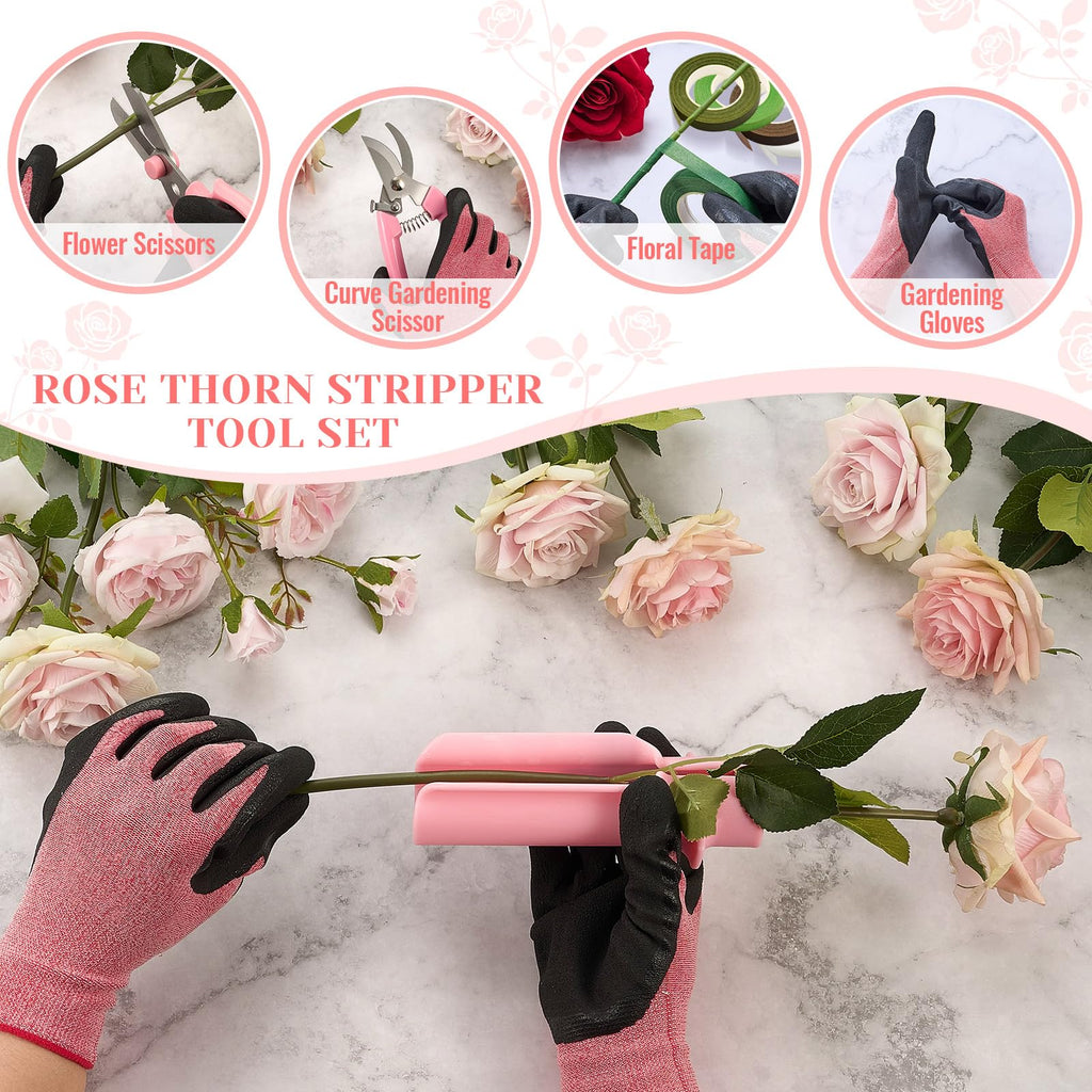 Lasnten 9 Pcs Rose Thorn Remover Set Include 1 Flower Thorn Stripper Tool 5 Floral Tape 1 Flower Scissor 1 Curve Gardening Scissors 1 Pair Gardening Gloves for Wedding Women Mother Gift (Pink)