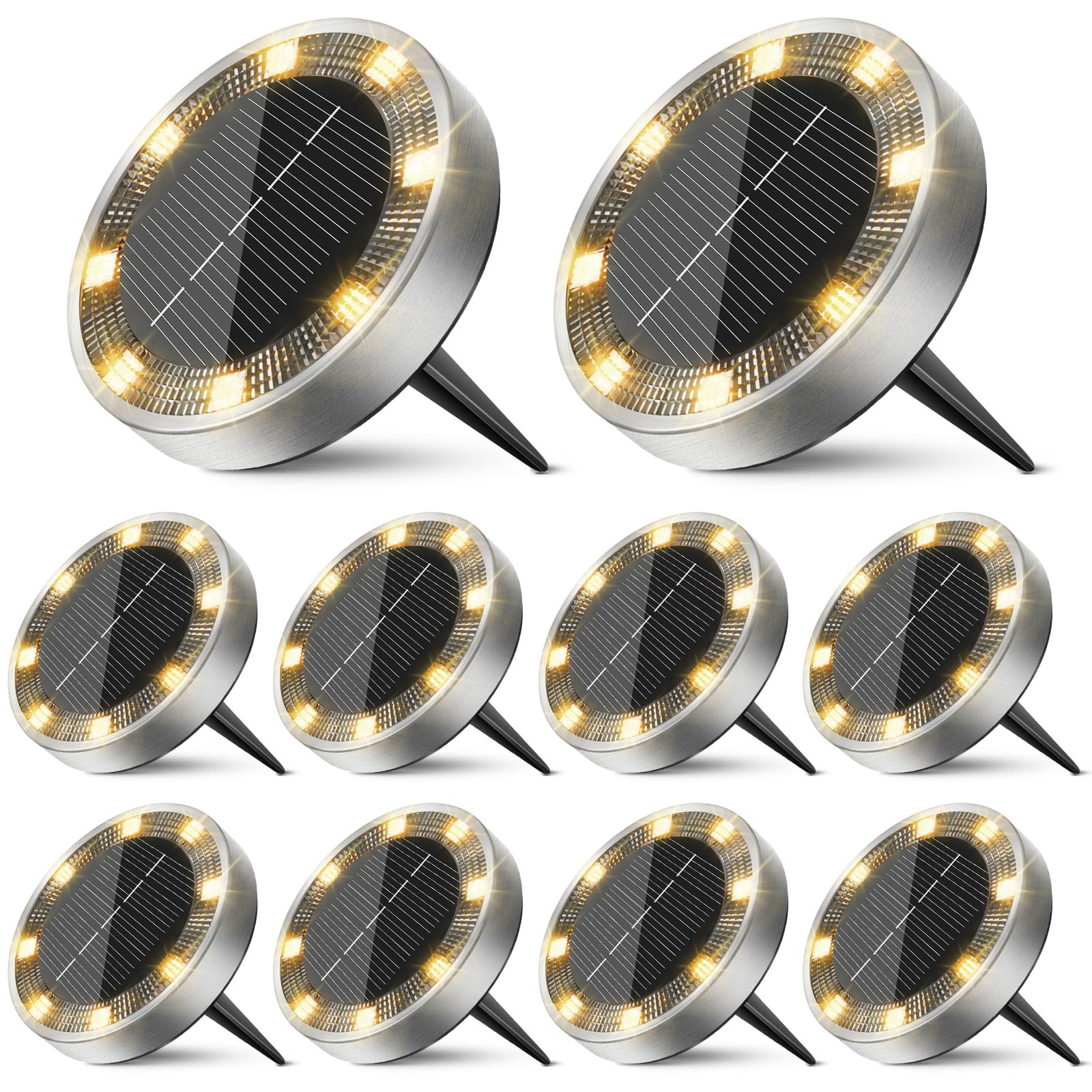 inkgear 10 Pack Solar Ground Lights Outdoor, 8 LED Mini Flat Solar Disk Lights, IP65 Waterproof Anti-Rust Disc Light, Landscape Lighting for Garden Pathway Yard Walkway Driveway Lawn,Warm White