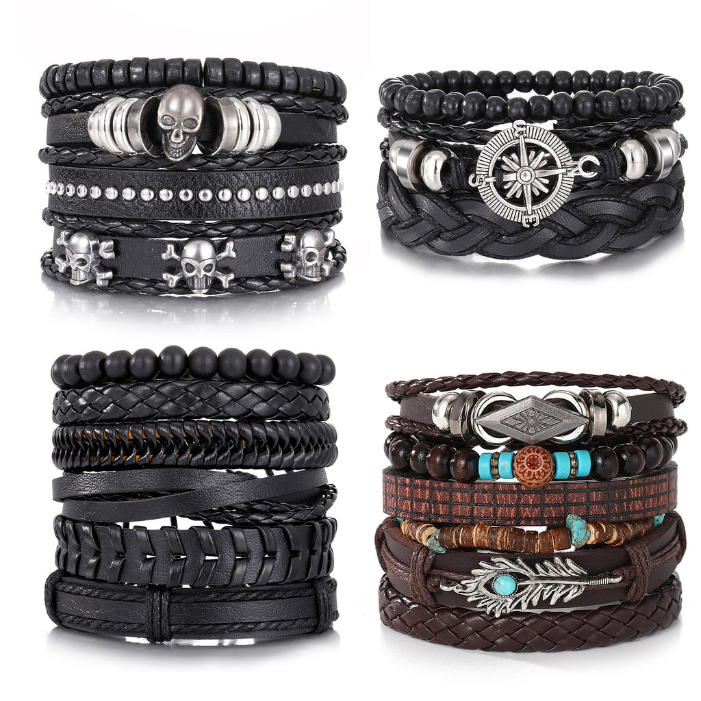 KISS WIFE PU Leather Bracelets for Men, Punk Skull Braided Bracelet Se
