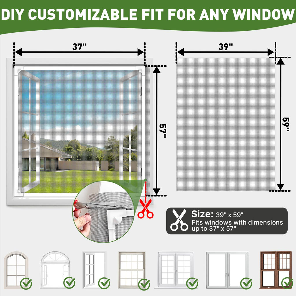 HOFUDON Adjustable Magnetic Window Screen Max 39" x 59", White Frame