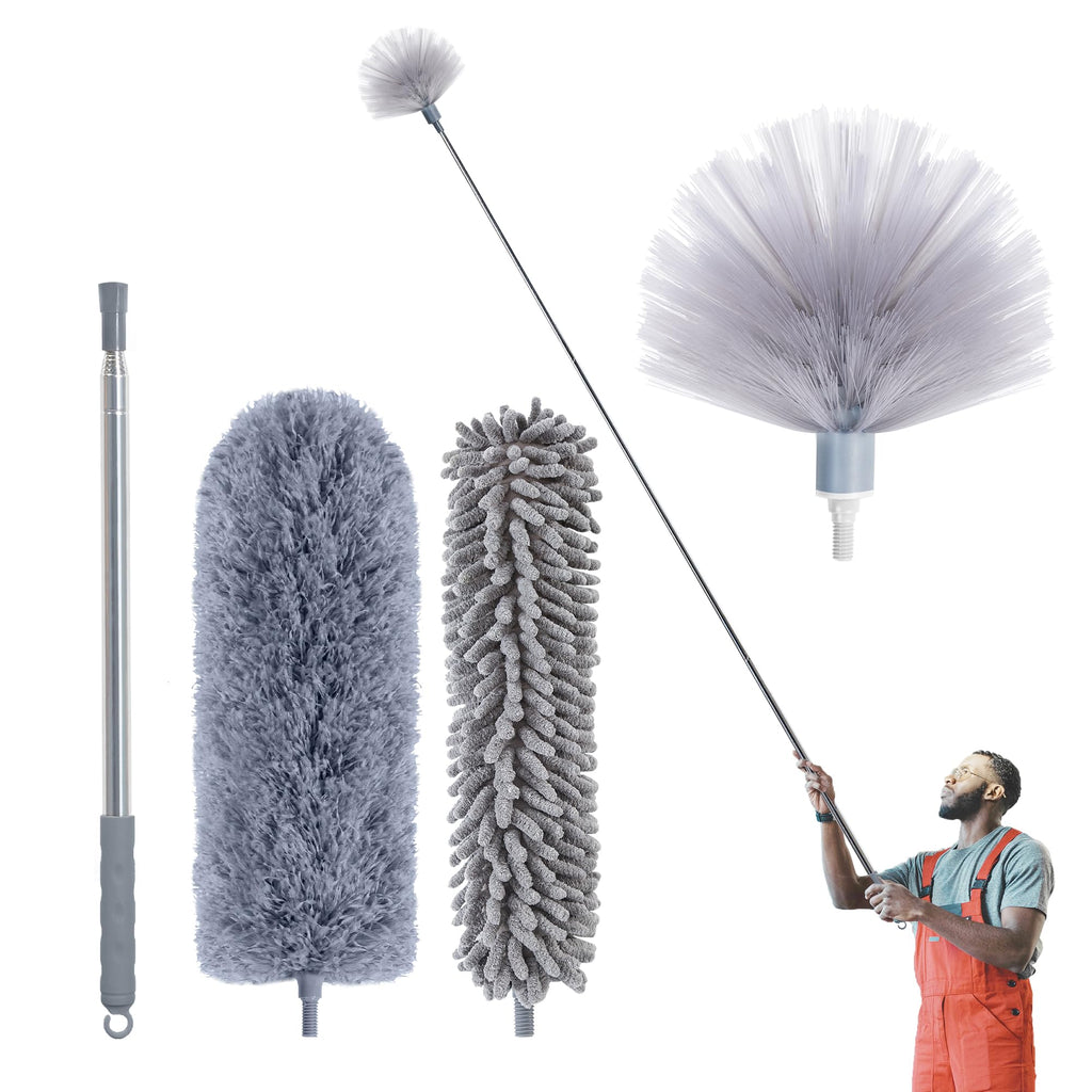 IVYROLL Cobweb Duster with Extension Pole, 100'' Microfiber & Chenille Ceiling Cleaner Kit, Reusable Feather Duster, Bendable, Washable