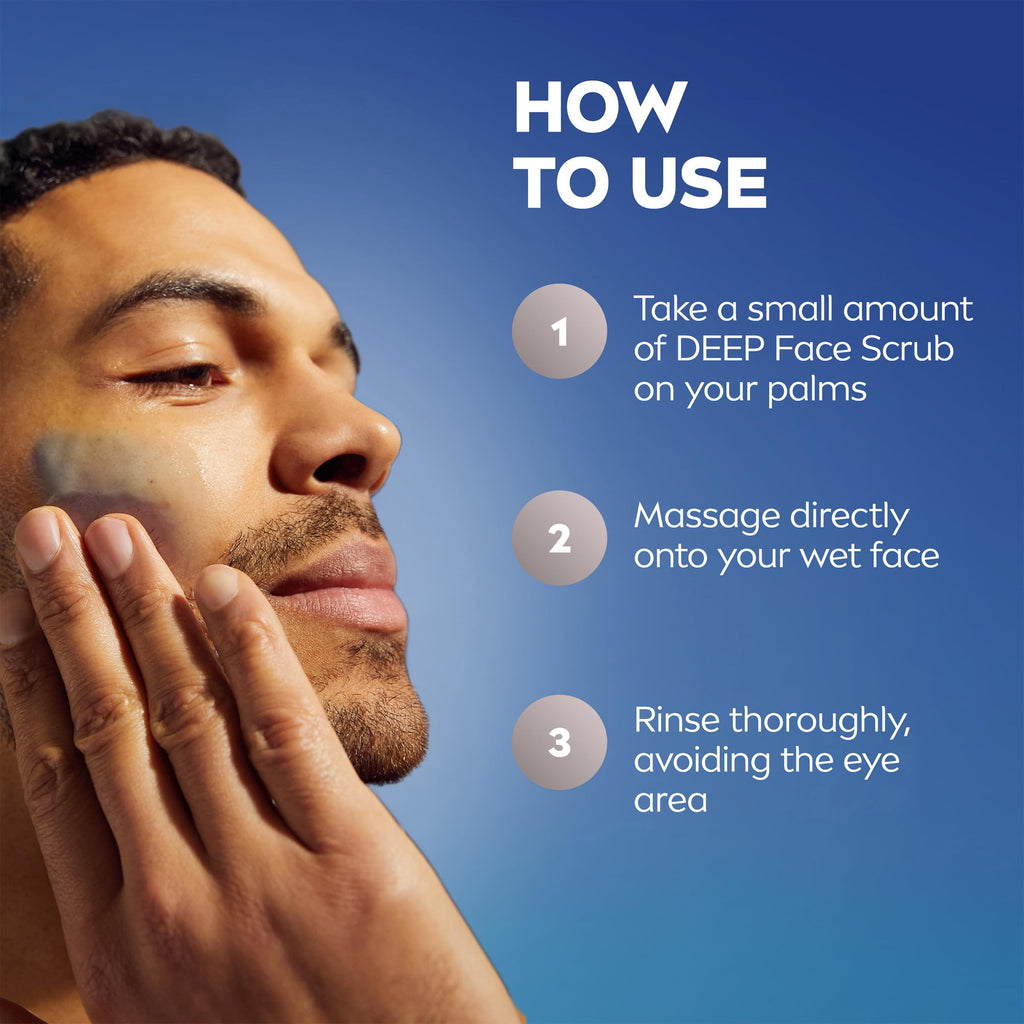 NIVEA MEN Deep Clean Face Wash and Scrub with Natural Charcoal, Exfoliating Face Wash for Men Removes Excess Oil, Dirt and Impurities, Beard Friendly Skin Care, 2.5 Fl Oz Tube, Pack of 3
