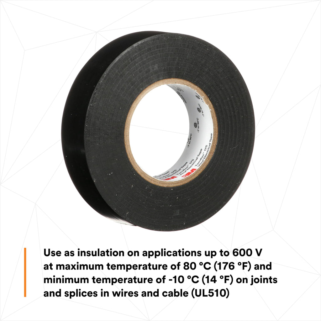 3M Temflex Vinyl Electrical Tape 175, Flame Retardant, Pressure-Sensitive Adhesive, Electrical and Mechanical Protection, Black, 7 mil, 3/4 in x 60 ft, 10 Rolls