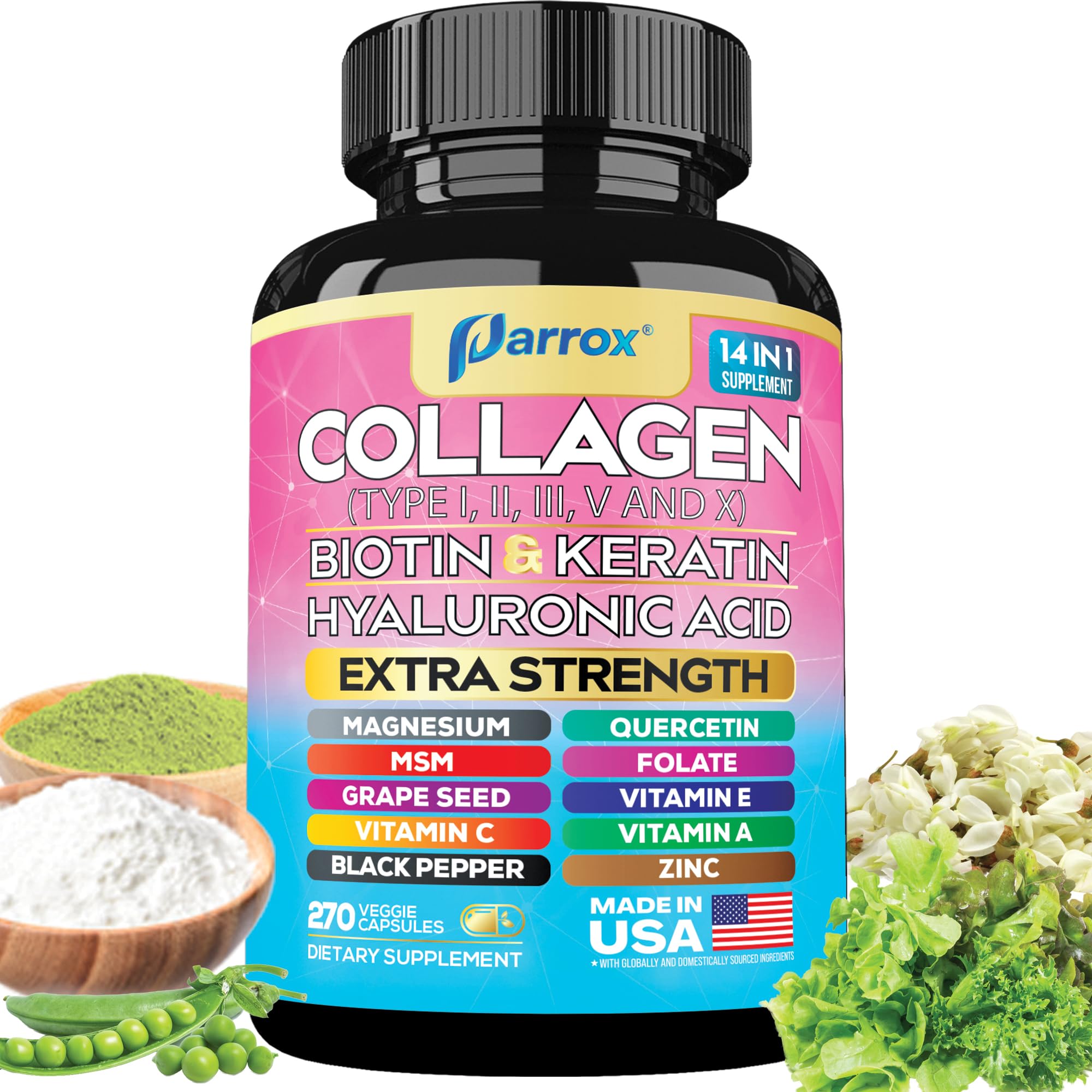 Parrox Collagen Peptides Types I, II, III, V & X, MCG Biotin, Keratin, Hyaluronic Acid, MSM, Zinc, Grape Seed Extract, Quercetin, Vitamin A, Vitamin C, Vitamin E, Magnesium, Folic Acid (270 Capsules)