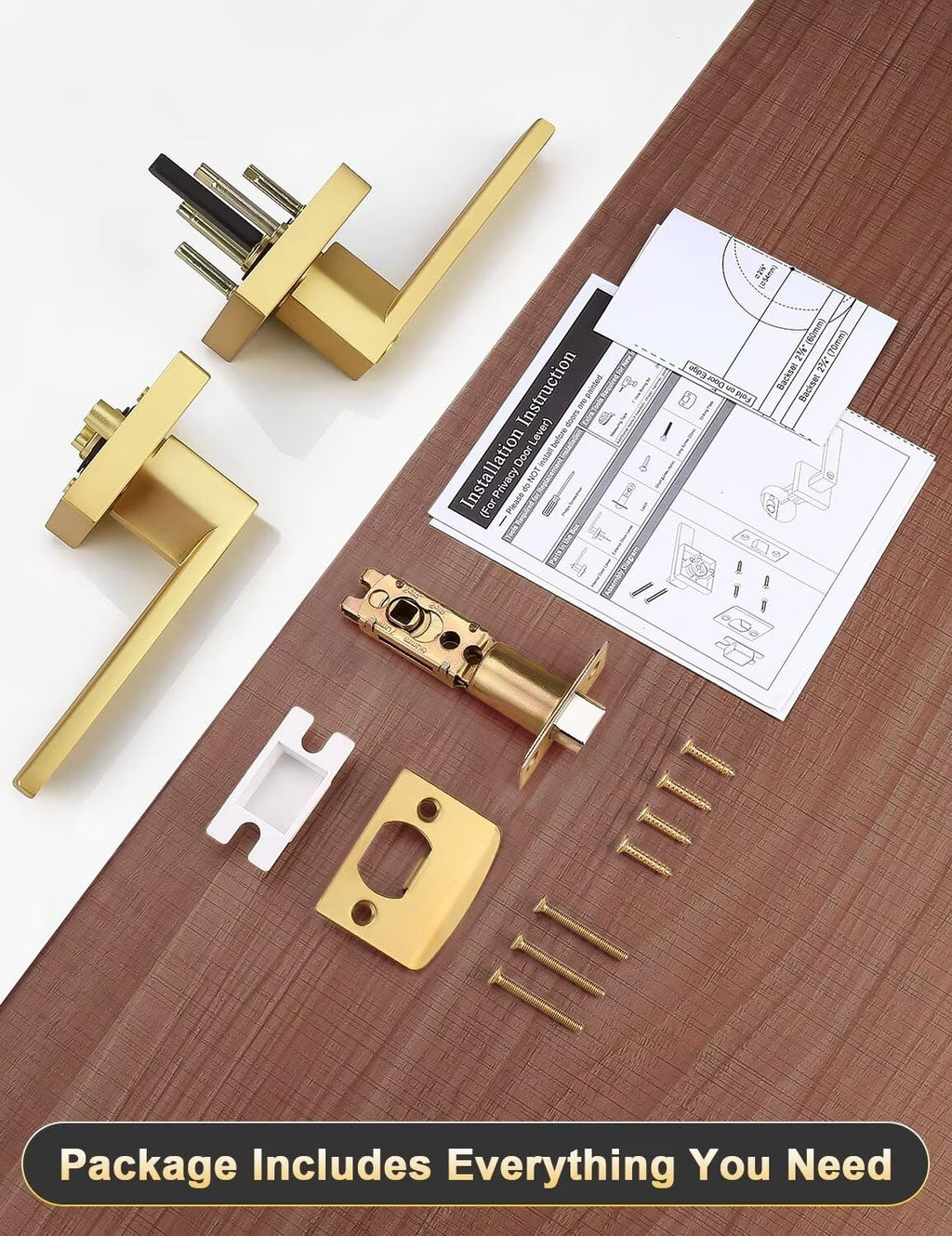 Tinewa 5 Pack Gold Keyless Square Levers Handles, Satin Brass Finish, Interior Passage Door Locksets for Hall Closet Door Knobs Lock Reversible Right & Left Handed
