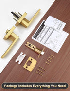 Tinewa 5 Pack Gold Keyless Square Levers Handles, Satin Brass Finish, Interior Passage Door Locksets for Hall Closet Door Knobs Lock Reversible Right & Left Handed