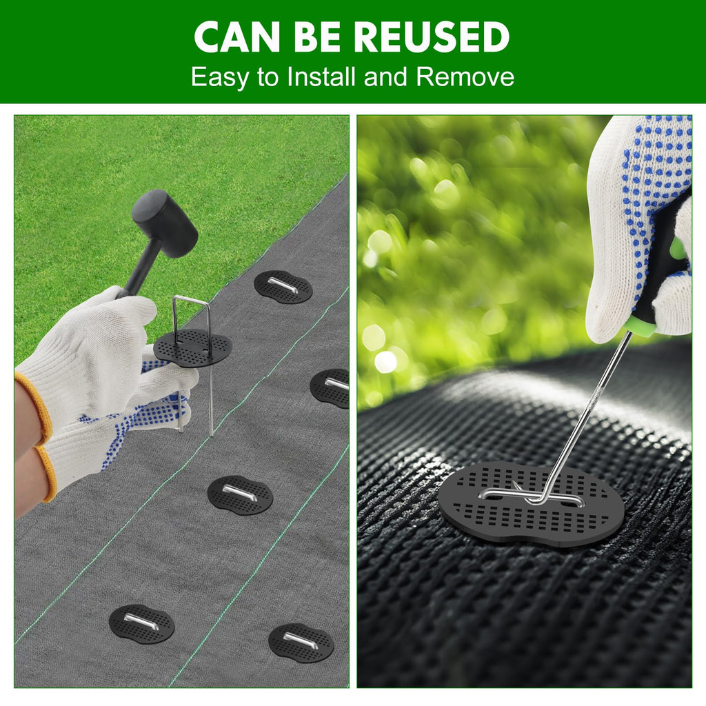 Landscape Fabric Staples with Rubber Hammer,6Inch 50pcs Galvanized Garden Pegs+ 50pcs Gaskets + Pick Hook + Gloves,Anti-Rust,U-Shaped Lawn Spikes,Yard Turf Pins for Weed Barrier,Ground Grass Cover