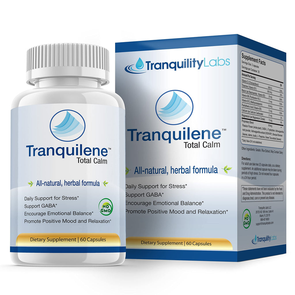 Tranquility Labs Tranquilene Total Calm - Stress Relief - All Natural Herbal Supplement - 60 Capsules - Extra Strength with Ashwagandha, Bacopa, B-Complex & More
