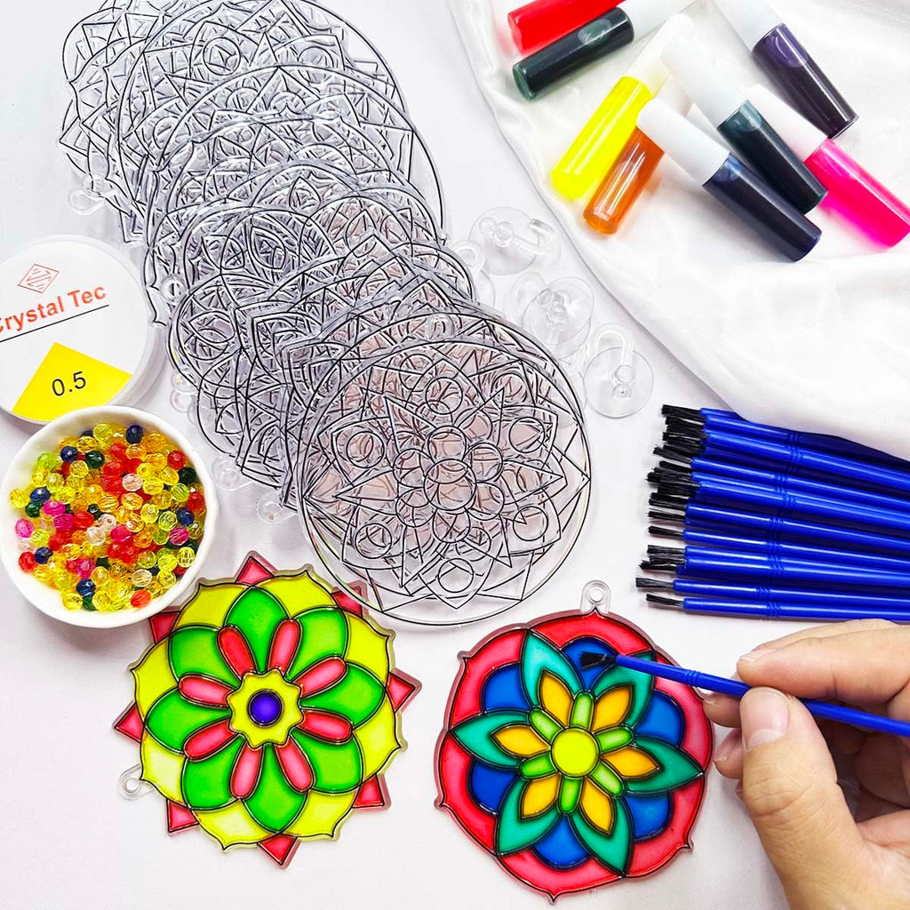 AUEKIV 30 Sets Suncatcher Kit Mandala Suncatchers Window Art Paint Sun Catcher DIY Craft Kits Flower Suncatcher Kit for Summer Decoration Home Activity Art Project Birthday Party Favors