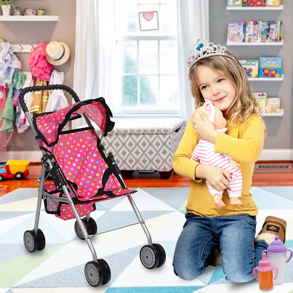 fash n kolor® - Doll Stroller My First Baby Doll Strollers Toy - Flower Design with Basket in The Bottom- Doll Accessories 2 Free Magic Bottles Included (Polka Dot)