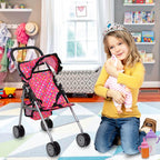 fash n kolor® - Doll Stroller My First Baby Doll Strollers Toy - Flower Design with Basket in The Bottom- Doll Accessories 2 Free Magic Bottles Included (Polka Dot)