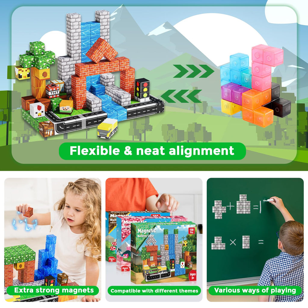 150 PCS Magnetic Blocks - Building Block for Kids Ages 4-8, Magnet Blocks Cubes Tiles Constructions Toys Girl Boy, STEM Educational Montessori Stacking Toy, Sensory Play Game Preschool Learning Gifts