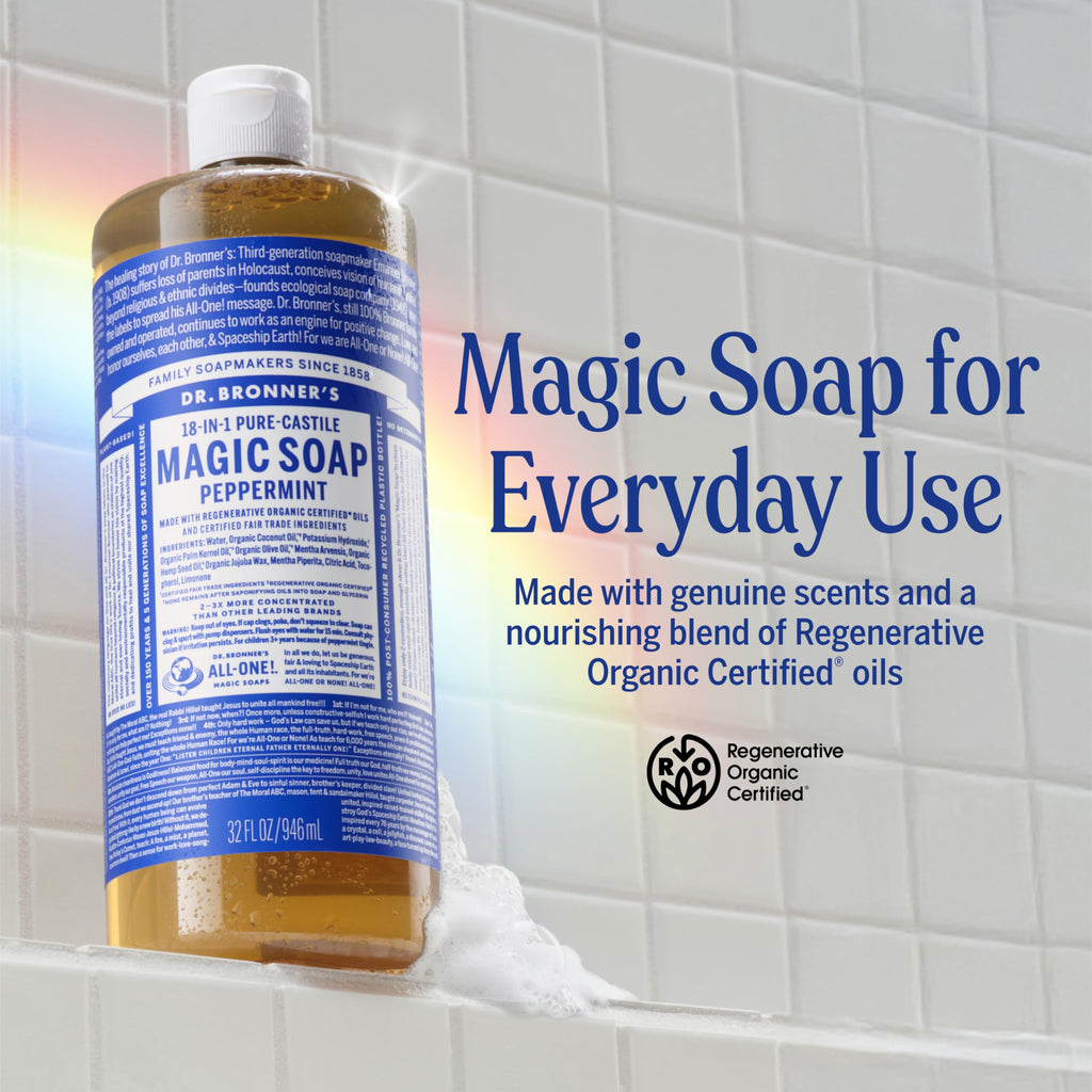 Dr. Bronner's Pure-Castile Magic Liquid Soap - Made with Regenerative Organic Certified Oils- 18-in-1 Uses for Face, Body, Hand, Hair, Laundry & More- Vegan, Non-GMO- Body Wash- Peppermint,32oz
