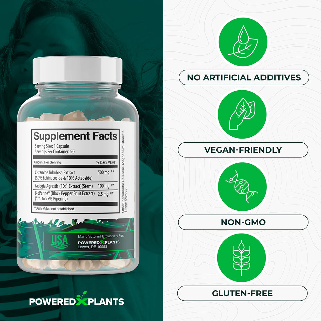 Cistanche Tubulosa with Fadogia Agrestis - Promotes Vitality - Natural Supplements for Men & Women with Bioperine by Powered X Plants, 90 Servings