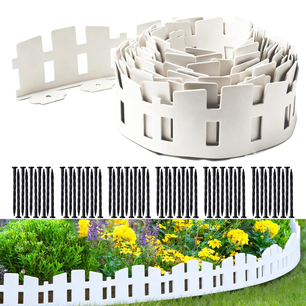 Garden Edging 33FT LOLEDE, 4.6IN Tall White Landscape Edging Border with 60 Stakes, Flexible Plastic Lawn Edging for Yard, Flower Beds,Tree Rings, Walkways & Garden Borders（Square-White）