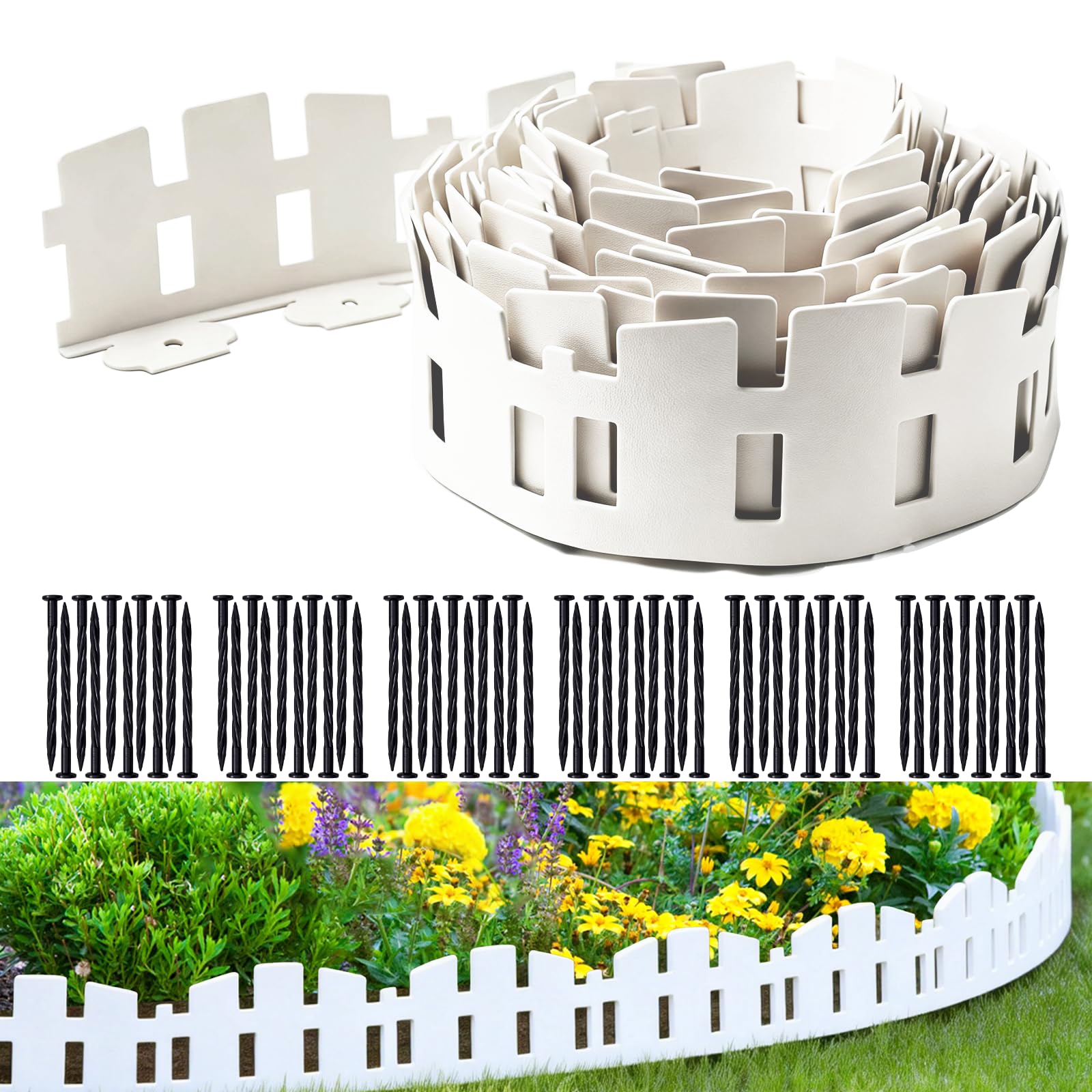 Garden Edging 33FT LOLEDE, 4.6IN Tall White Landscape Edging Border with 60 Stakes, Flexible Plastic Lawn Edging for Yard, Flower Beds,Tree Rings, Walkways & Garden Borders（Square-White）