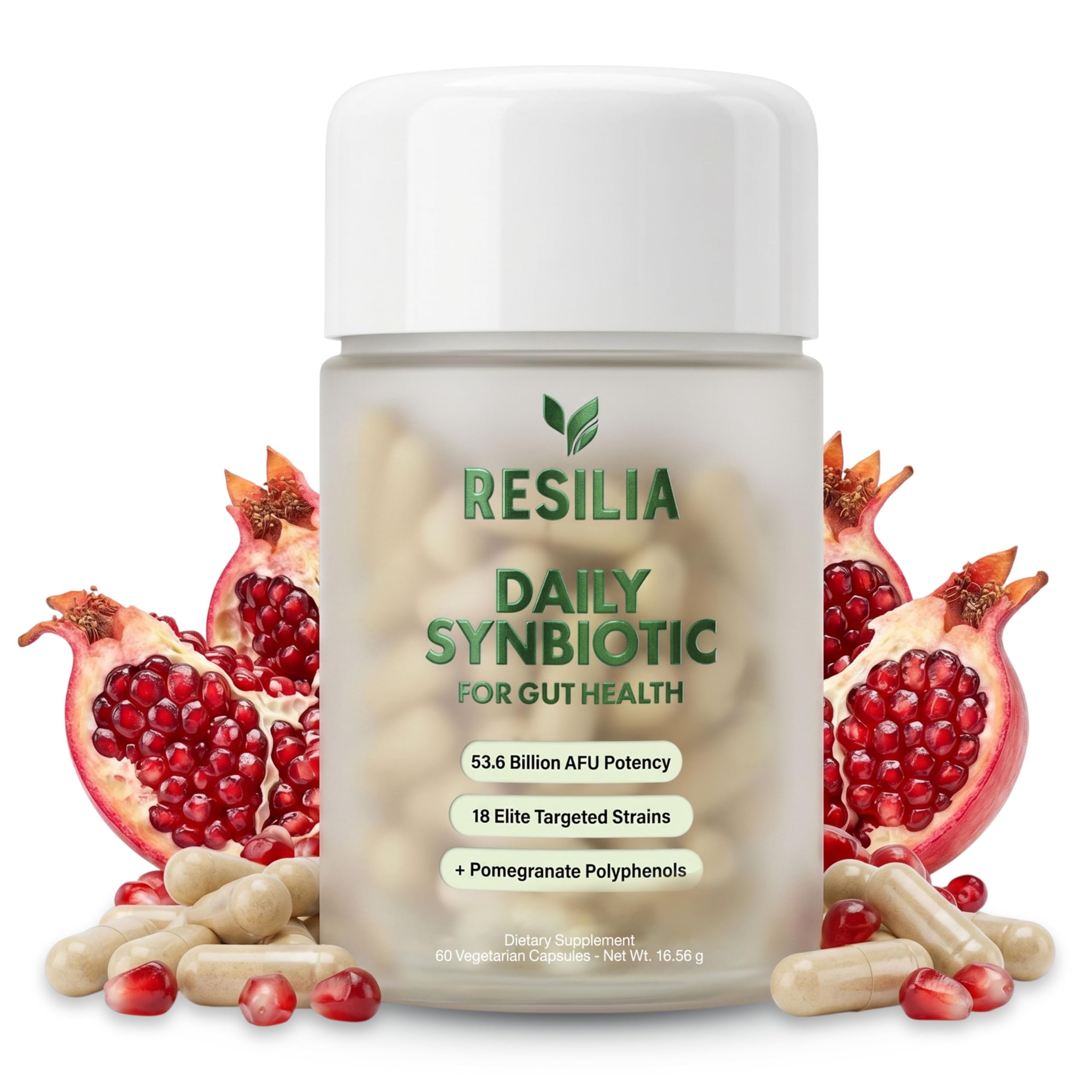 Resilia Synbiotic Probiotic + Prebiotic Supplement for Women & Men – 53.6 Billion AFU, 19 Strains, Shelf-Stable Capsules with Polyphenols, Digestive & Gut Balance Support, 60 Capsules