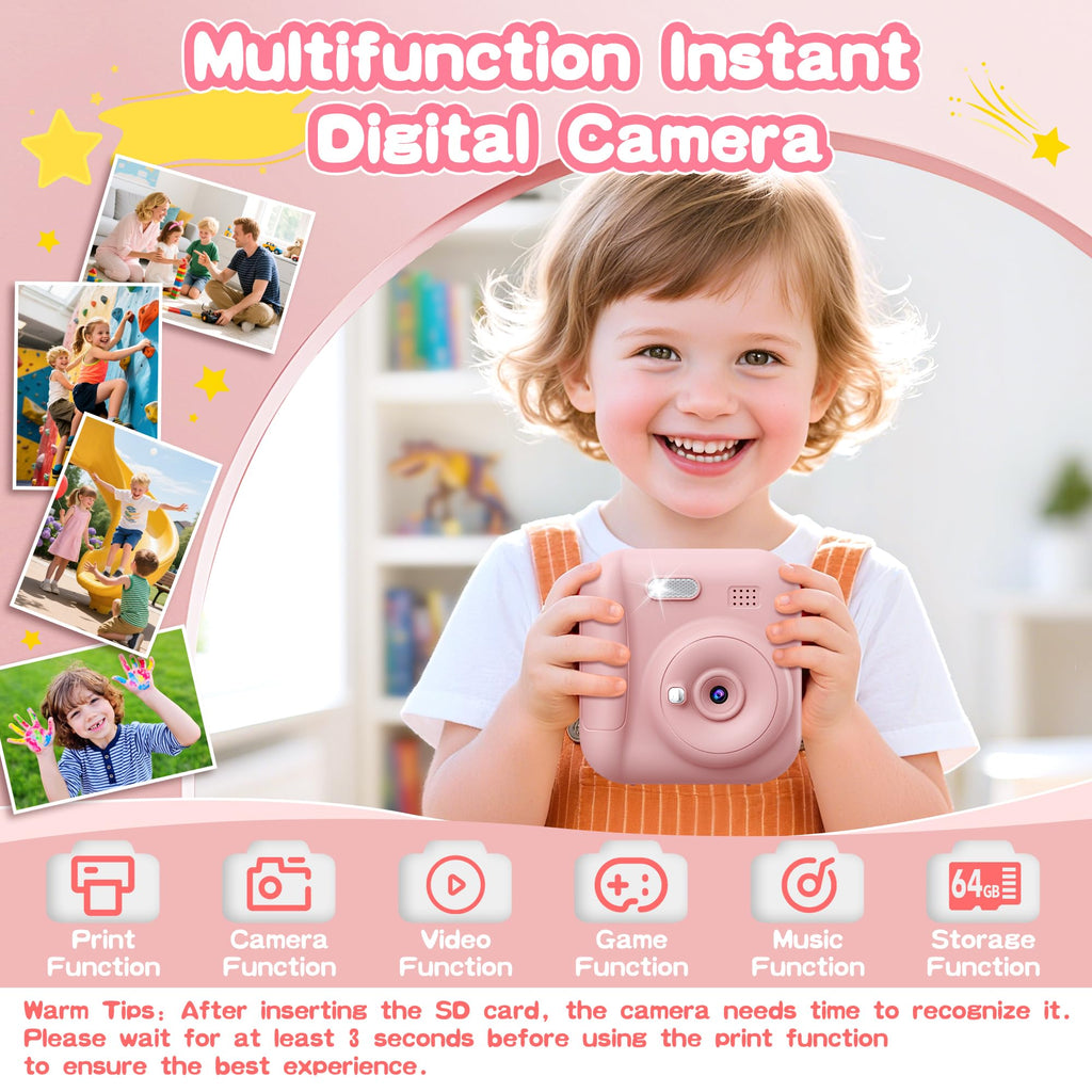 Kids Instant Camera with 64GB SD Card, Portable Digital Camera Toy for Girls and Boys Ages 3-12, Toddler Christmas and Birthday Gift for 3 4 5 6 7 8 9 10 Year Old Kids (Blue) (Pink)