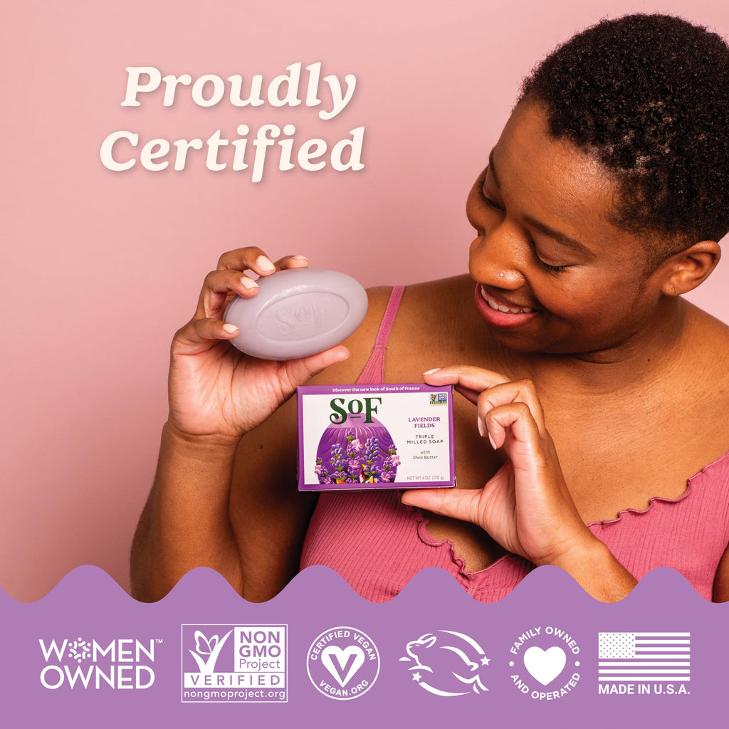 South Of France SoF Triple Milled Bar Soap - With Coconut Oil & Organic Shea Butter- Vegan & Non GMO- Free From Phthalates, Sulfates & Parabens- Lavender Fields - 6 oz Bar 4 Bars