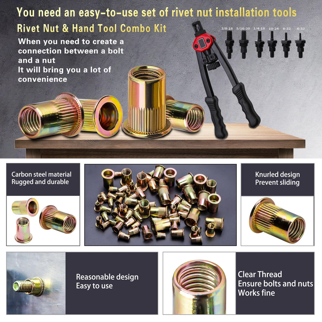 ASE Pressure Rivet Nut Tool Kit, 770PCS (3/8-16,5/16-18,1/4,10-24,8-32,6-32) Imperial Rivet Nut, Suitable for Furniture, Decoration, Automotive, Marine and Industrial Applications