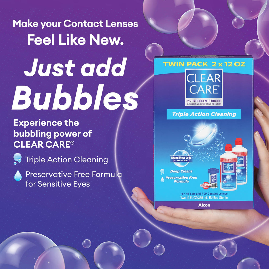 CLEAR CARE Cleaning & Disinfecting Contact Lens Solution, 12 fl oz, Twin Pack, For Soft & RGP Lenses, No Rubbing, Preservative-Free, Included Lens Case, Deep Cleans and Removes Deposits