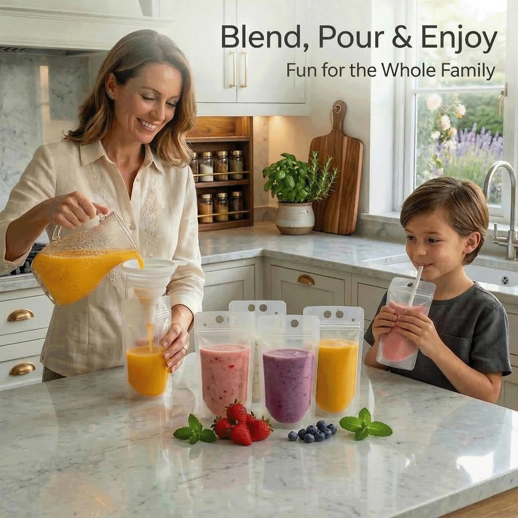 C CRYSTAL LEMON 100PCS Drink Pouches with Side Straw Port, Resealable Drink Bag Set with Straws & Funnel, 17oz Clear Beverage Pouches for Juice, Smoothies, Cocktails & Slushies