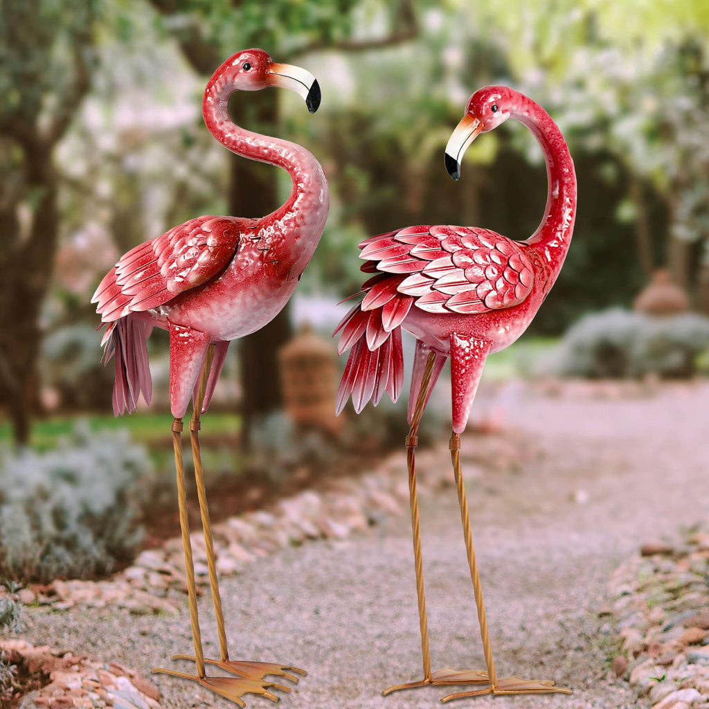 Kircust Flamingo Garden Statues and Sculptures, Metal Birds Yard Art Outdoor Statue, Large Pink Flamingo Lawn Ornaments for Home, Patio, Backyard Decor (2-Pack)