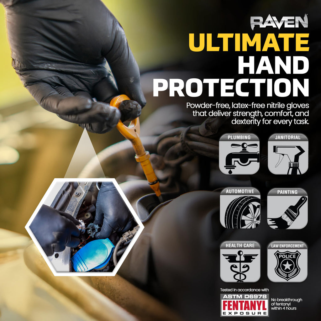 SAS Raven Powder Free Nitrile Disposable Gloves - 10 Boxes / 100 Ea. | 1000 Gloves Total |7 Mil - Sm | Latex Free, Chemical + Puncture Resistant, Textured Grip, Single Use | 66516, Black, Small