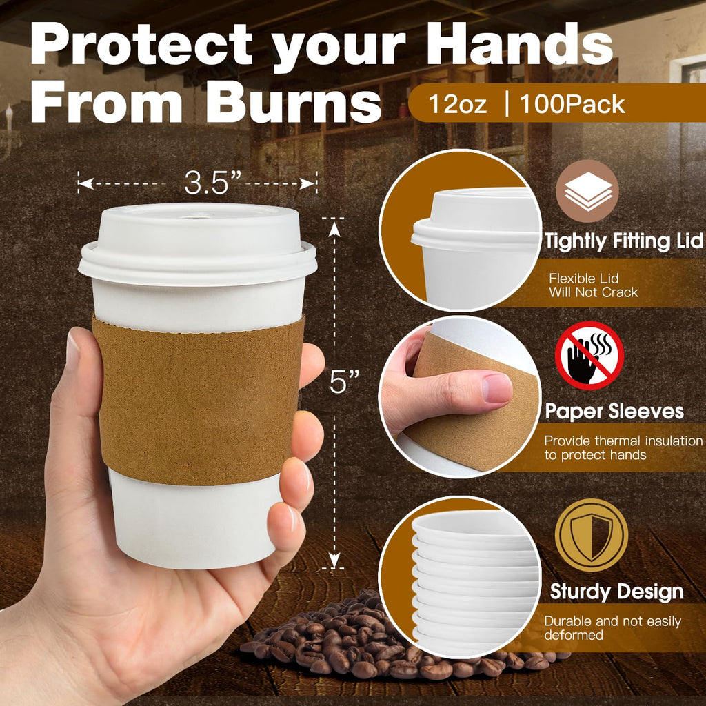 Ginkgo 100 Pack 12 oz Leak-Proof Coffee Cups with Lids and Sleeves Disposable To Go Hot Travel Paper Cups, Hot Chocolate, Cocoa, Tea, Coffee Bar Accessories