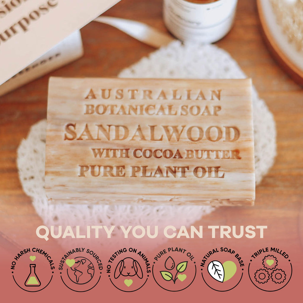 Australian Botanical Soap, Sandalwood and Cocoa Butter, 6.6 OZ, Triple Milled Bars Made with a Natural Soap Base and Enriched with Organic Shea Butter, Pack of 8