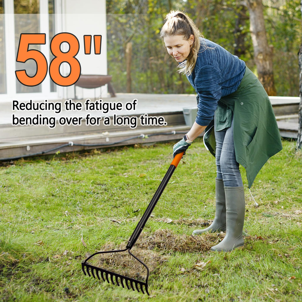 AgroPro Garden Rake for Lawn Heavy Duty, 14 Tines Metal Rake with Thick Fiberglass Handle, 58 Inches
