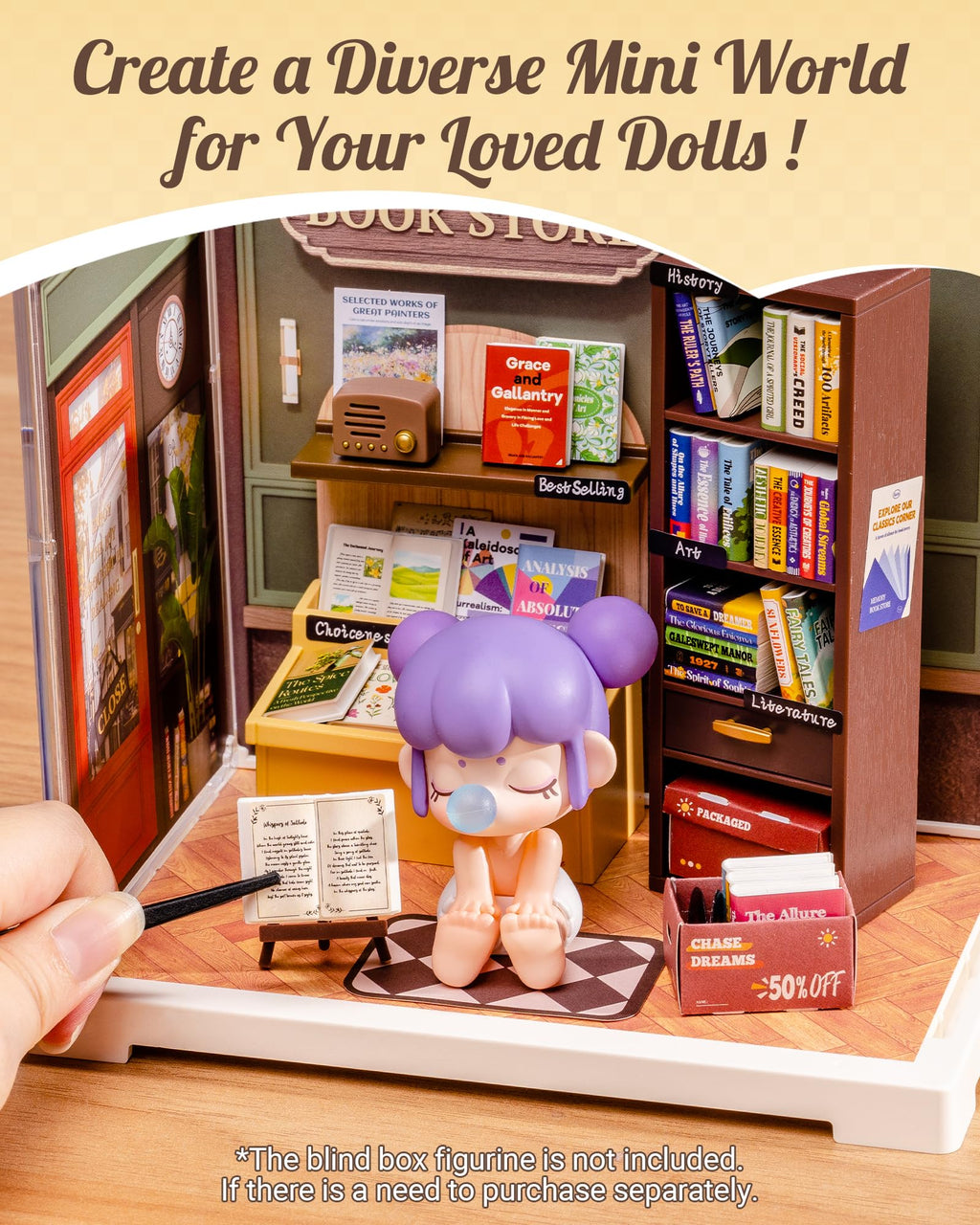 Rolife Mini Super Creator Series, DIY Miniature Memory Book Store Dollhouse House Kit, Bulid Scenary for Action Collectible Figures,Creative Gifts for Women Kid Adults
