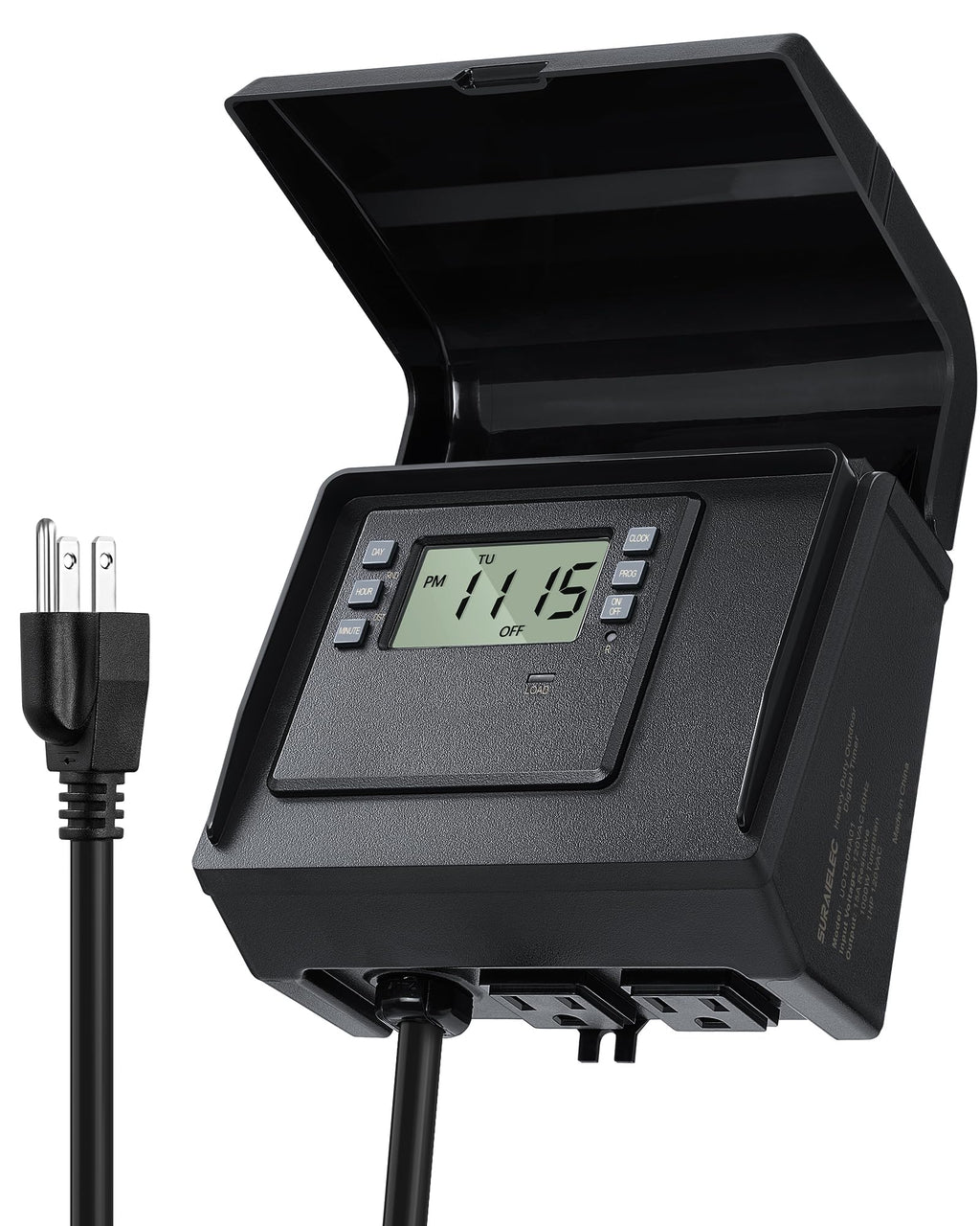 SURAIELEC Digital Pool Timer for Above Ground Pools, NEMA 5-15R Plug-in Timer with Dual Outlets, 15A 125V 1HP, Programmable 7-Day Schedule, Weatherproof Cover, for Pool Pumps, Lights and Salt Systems
