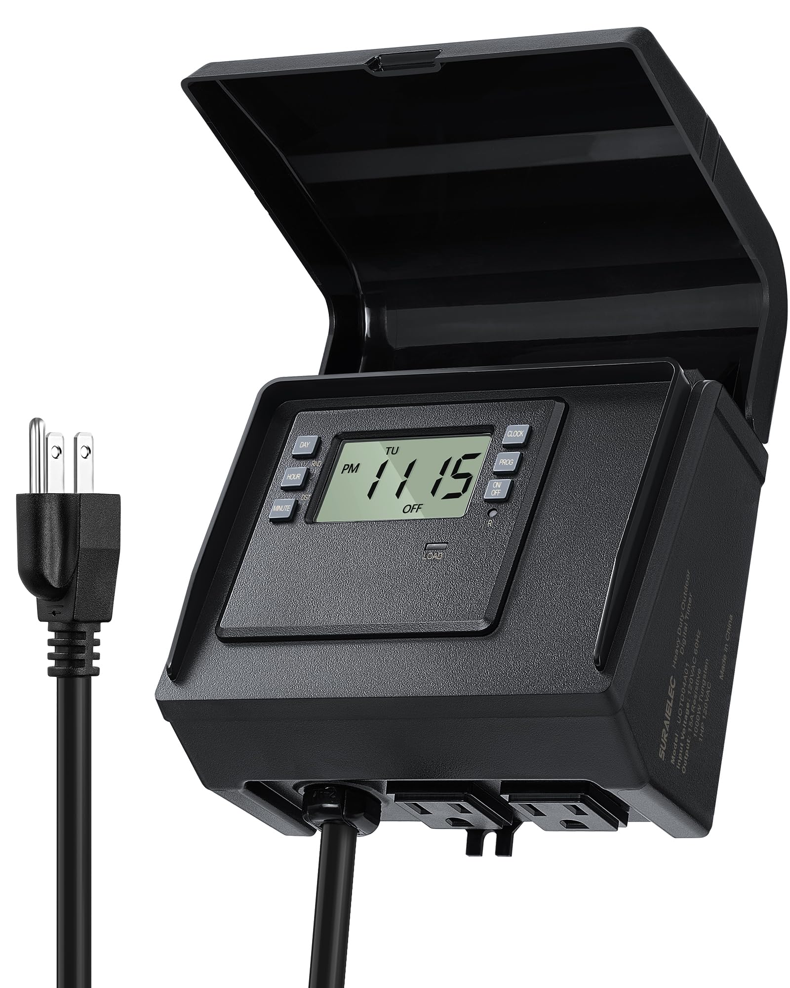 SURAIELEC Digital Pool Timer for Above Ground Pools, NEMA 5-15R Plug-in Timer with Dual Outlets, 15A 125V 1HP, Programmable 7-Day Schedule, Weatherproof Cover, for Pool Pumps, Lights and Salt Systems