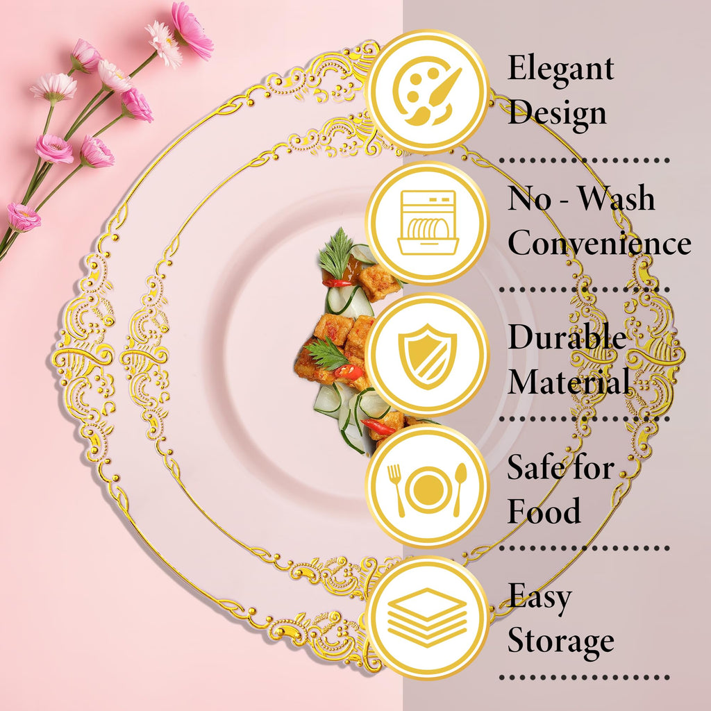 Nervure 350PCS Pink Plastic Plates - Pink Plastic Dinnerware Sets for 50 Guests - 100 Disposable Plates, 150 Gold Silverware, 50 Cups, 50 Napkins Perfect for Wedding & Party