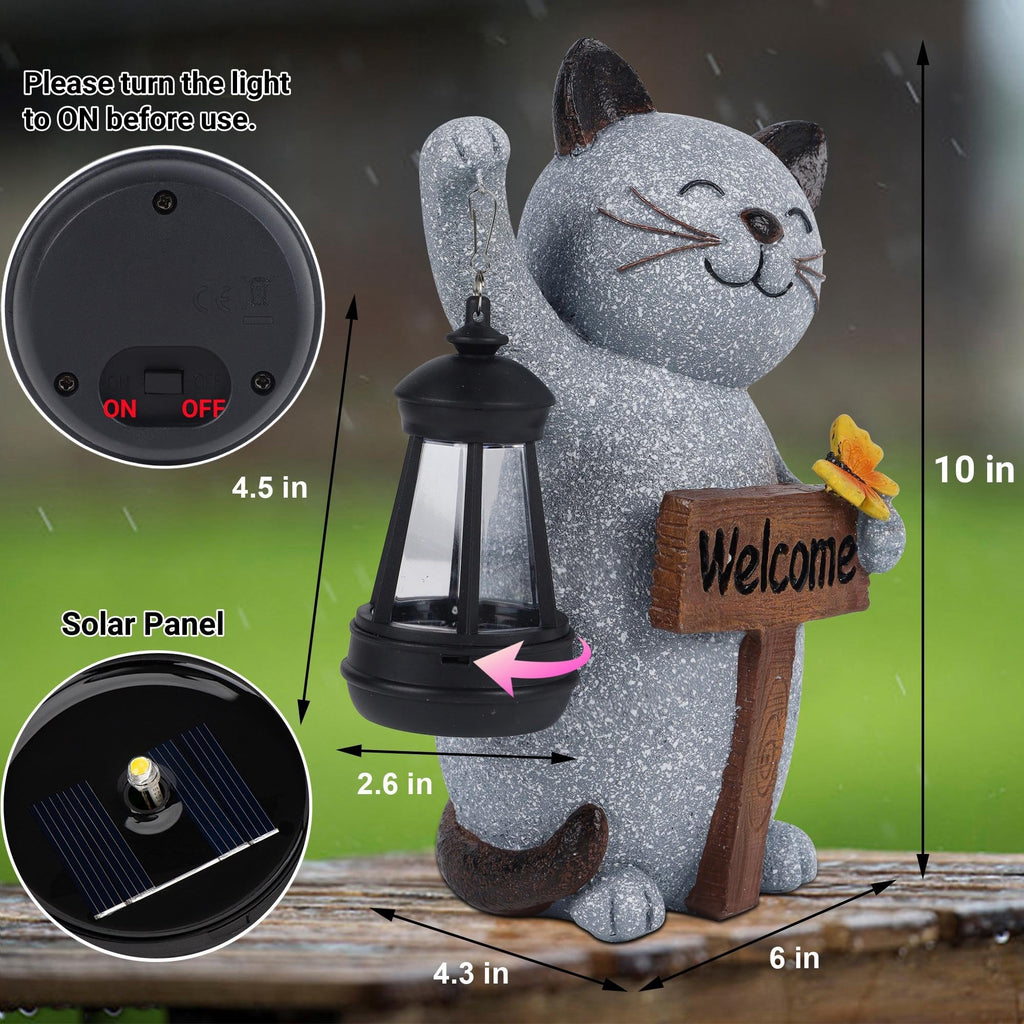 Juegoal Garden Statue Solar Cat Figurine with LED Lantern, Mothers Day 10" Resin Kitten Hold Welcome Sign, Outdoor Whimsical Lawn Porch, Lighted Housewarming Birthday for Mom Grandma