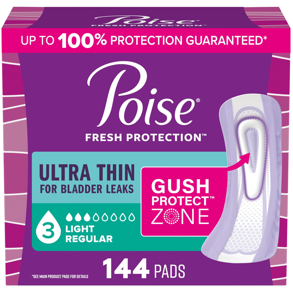 Poise Ultra Thin Incontinence & Postpartum Pads for Bladder Leaks, 3 Drop Light Absorbency, Regular Length, 144 Count (Packaging May Vary)