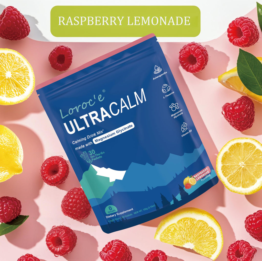 Loroc'e UltraCalm Super Cortisol Reducer Drink, Magnesium Glycinate (30 Servings), L-theanine, Ashwagandha, Vitamin D, No Sugar, Raspberry Lemonade Sleep Aid Powder