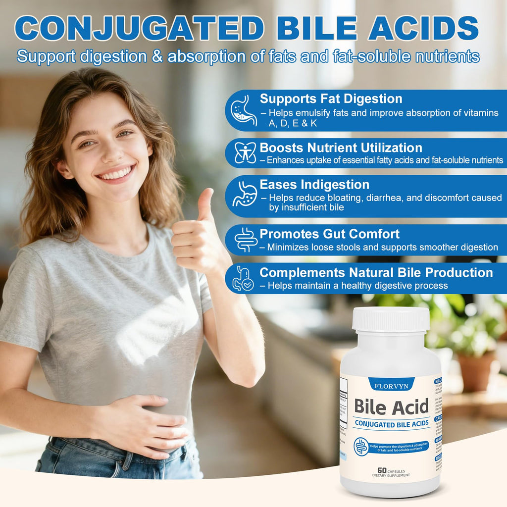 Florvyn Conjugated Bile Acid Supplement 1000mg – Supports Fat Digestion & Absorption of Fats & Fat-Soluble Nutrients, Gut Comfort & Nutrient Utilization, 60 Capsules, 30 Day Supply