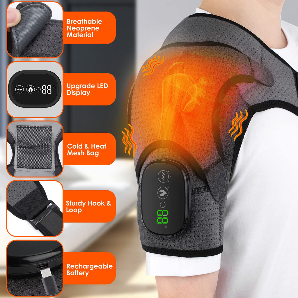 BINGONE Heated Shoulder Wrap, Shoulder Heating Pads Massager for Men Women, Electric Cordless Vibration Massage Heated Shoulder Braces with 3 Heating Setting, Left Right Shoulder Massage