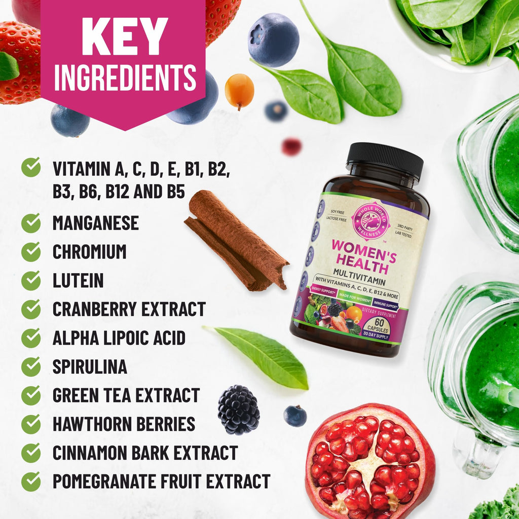 WHOLE WORLD WELLNESS Womens Daily Multivitamin Multimineral Supplement for Energy, Mood, Focus, Hair, Skin & Nails. Made for Women with 30+ Nutrients, Fruit & Energy Blend. Womens Vitamins, USA Made.