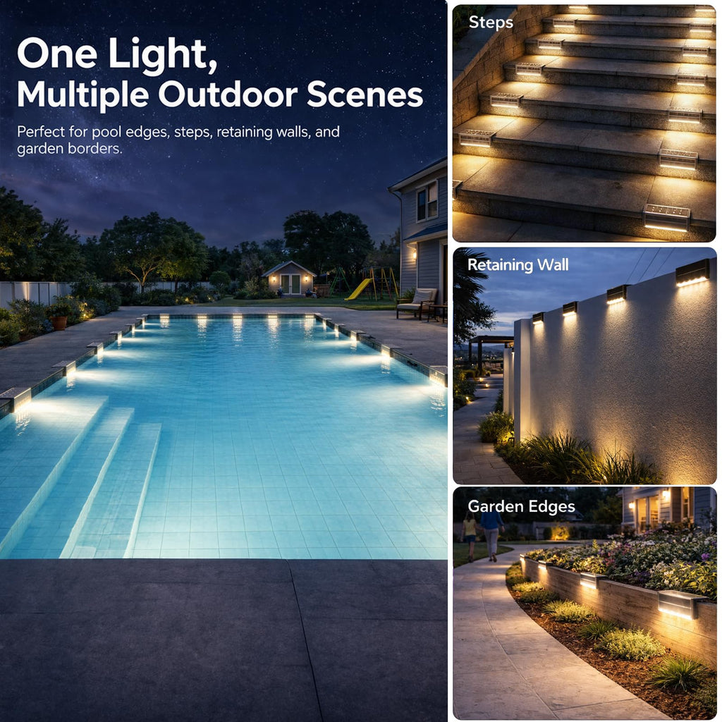 SHONELIGHTING Solar Pool Lights, Poolside Lights for Inground Pool, Ultra-Thin 2-Way LEDs for Edge & Deck, Heavy Duty Stainless Steel Outdoor Waterproof for Swimming (Warm White, 6PK)